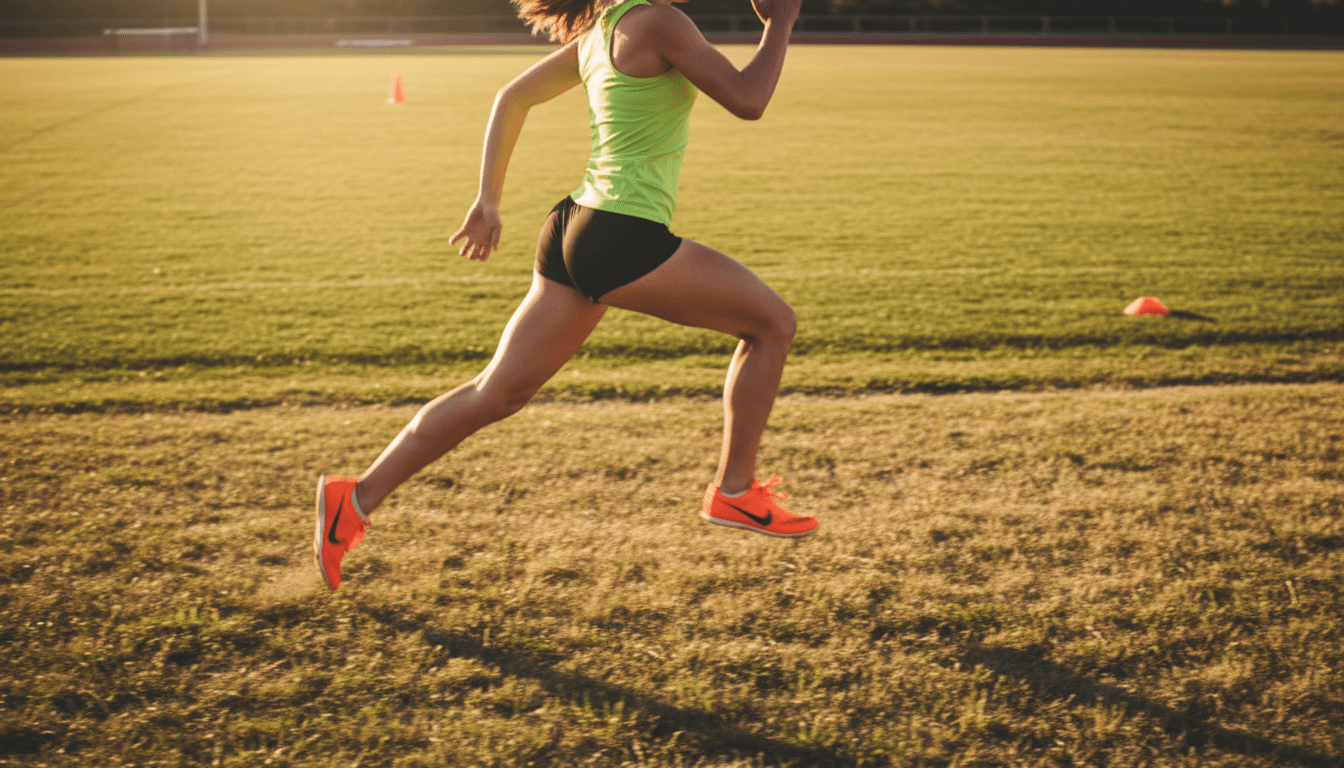 Junior athlete sprinting with power across an outdoor training field