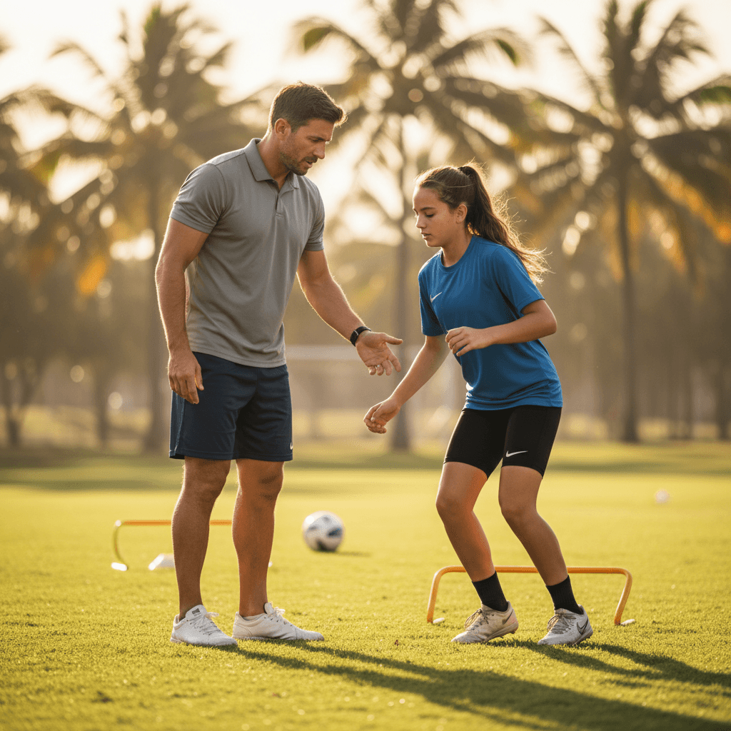 Coach providing personalized one-on-one instruction to young athlete
