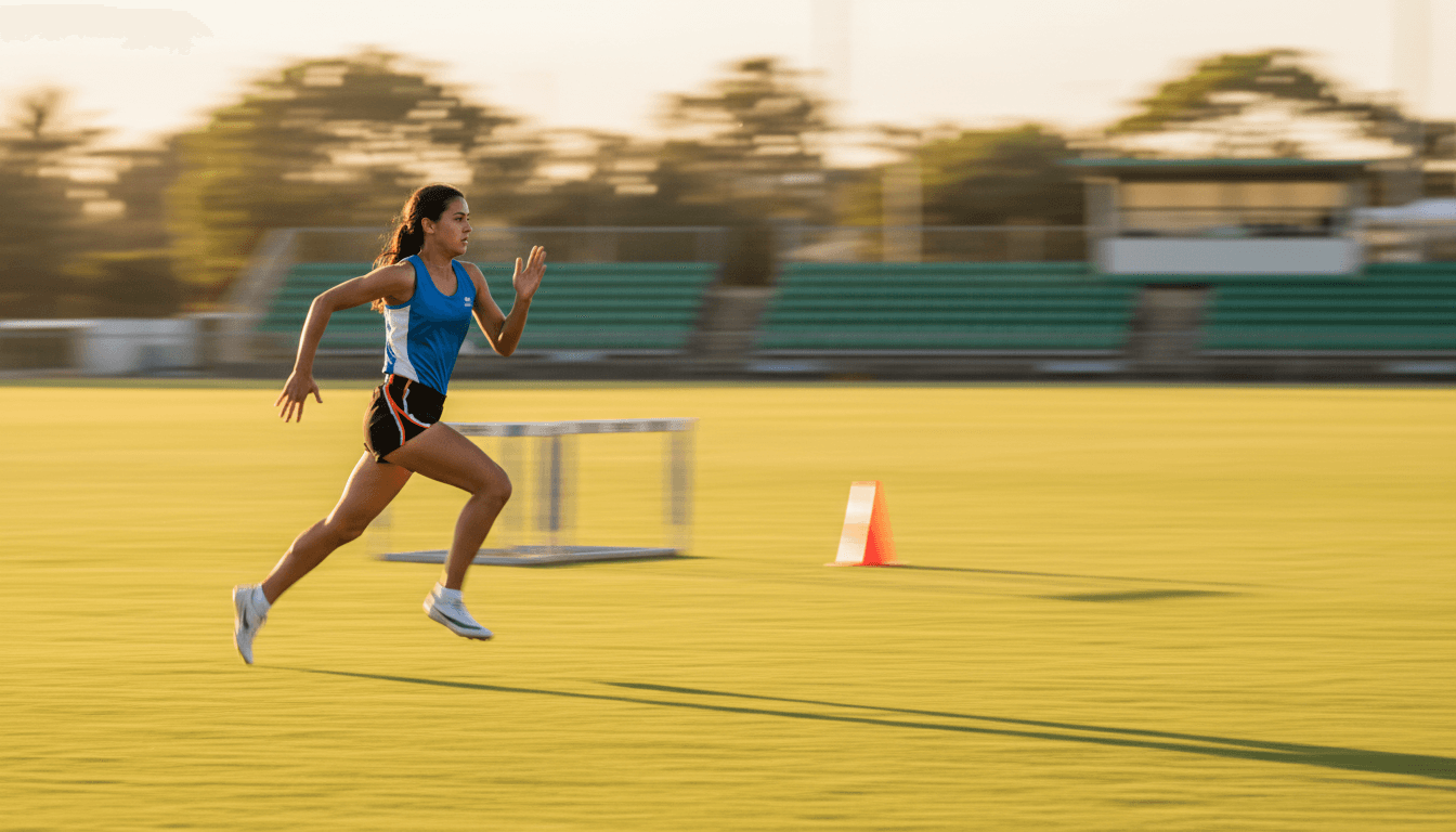Junior athlete sprinting across a training field at sunset