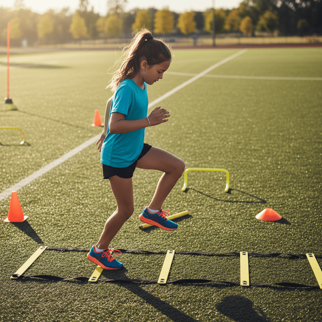 Athlete performing agility ladder footwork drill