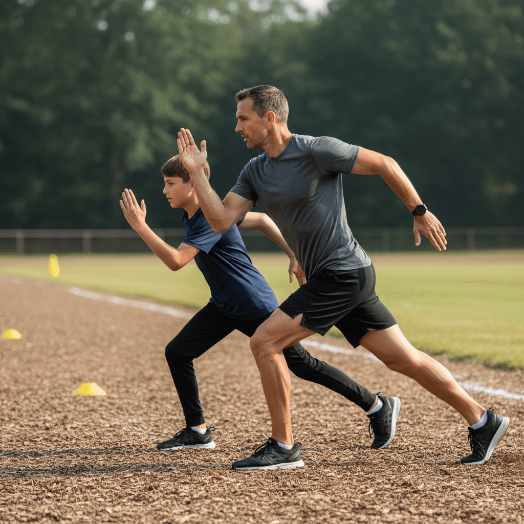 Coach demonstrating proper running form to young athlete