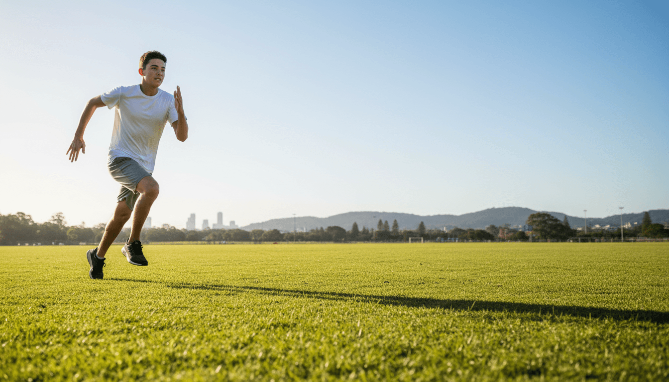 Young athlete sprinting at full speed across a grass field in intense motion