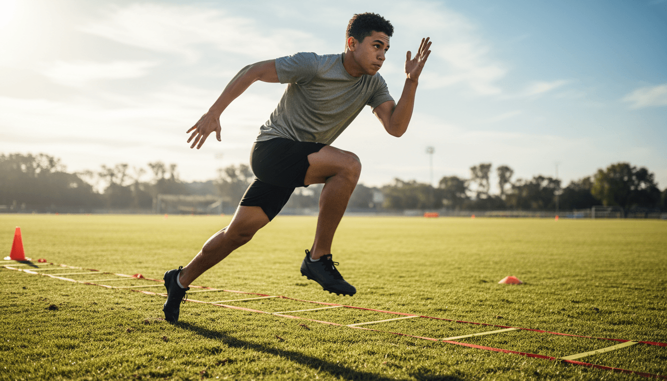 Junior athlete sprinting across a training field with explosive speed and powerful form