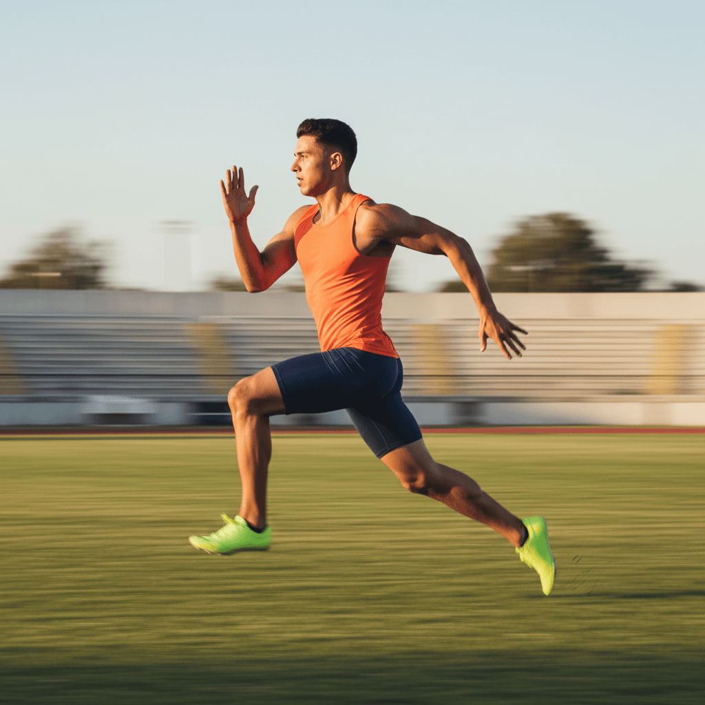 Young athlete sprinting with powerful stride