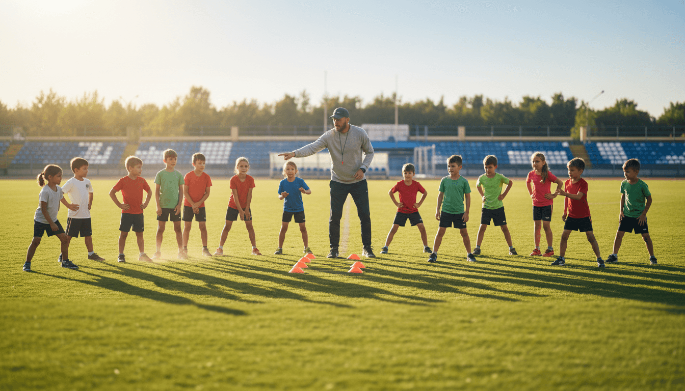 Junior athletes running and training outdoors with athletic coach providing instruction