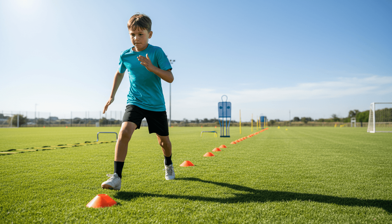 Junior athlete performing agility drill on training field with focused intensity