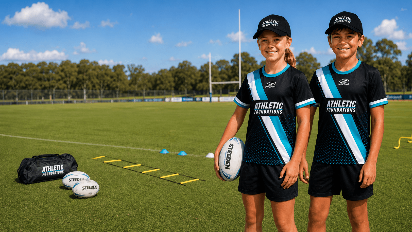 Two smiling children in athletic uniforms stand on a rugby field with training gear.