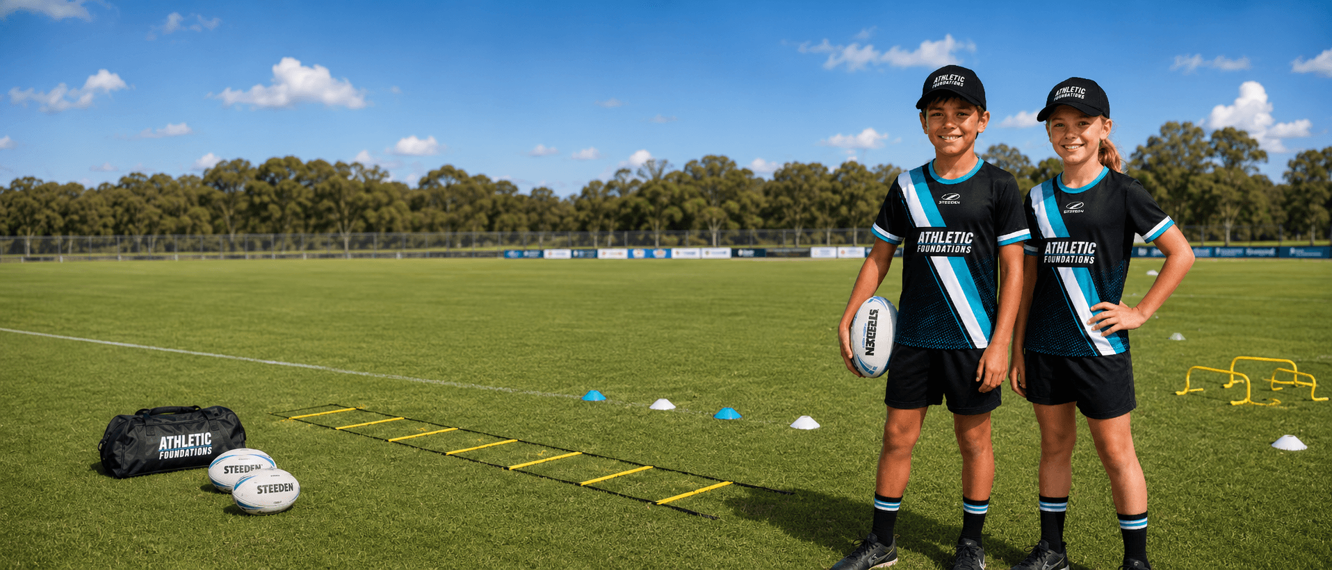 Two children in athletic uniforms pose on a sports field with rugby balls and equipment.