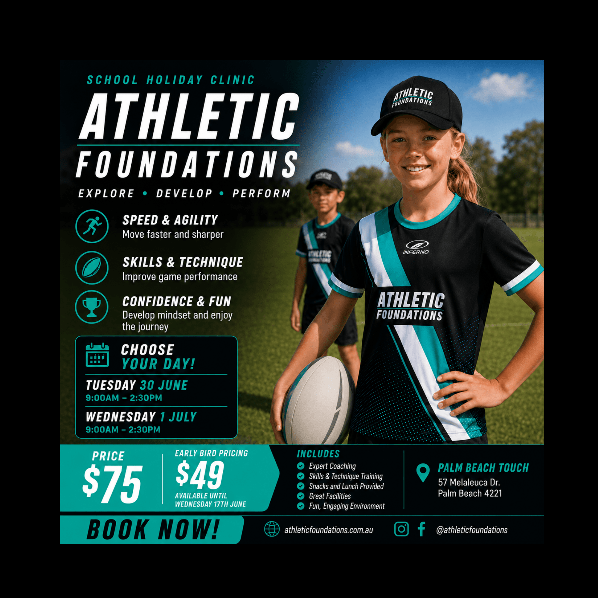 Athletic Foundations school holiday clinic flyer featuring a smiling girl holding a rugby ball.